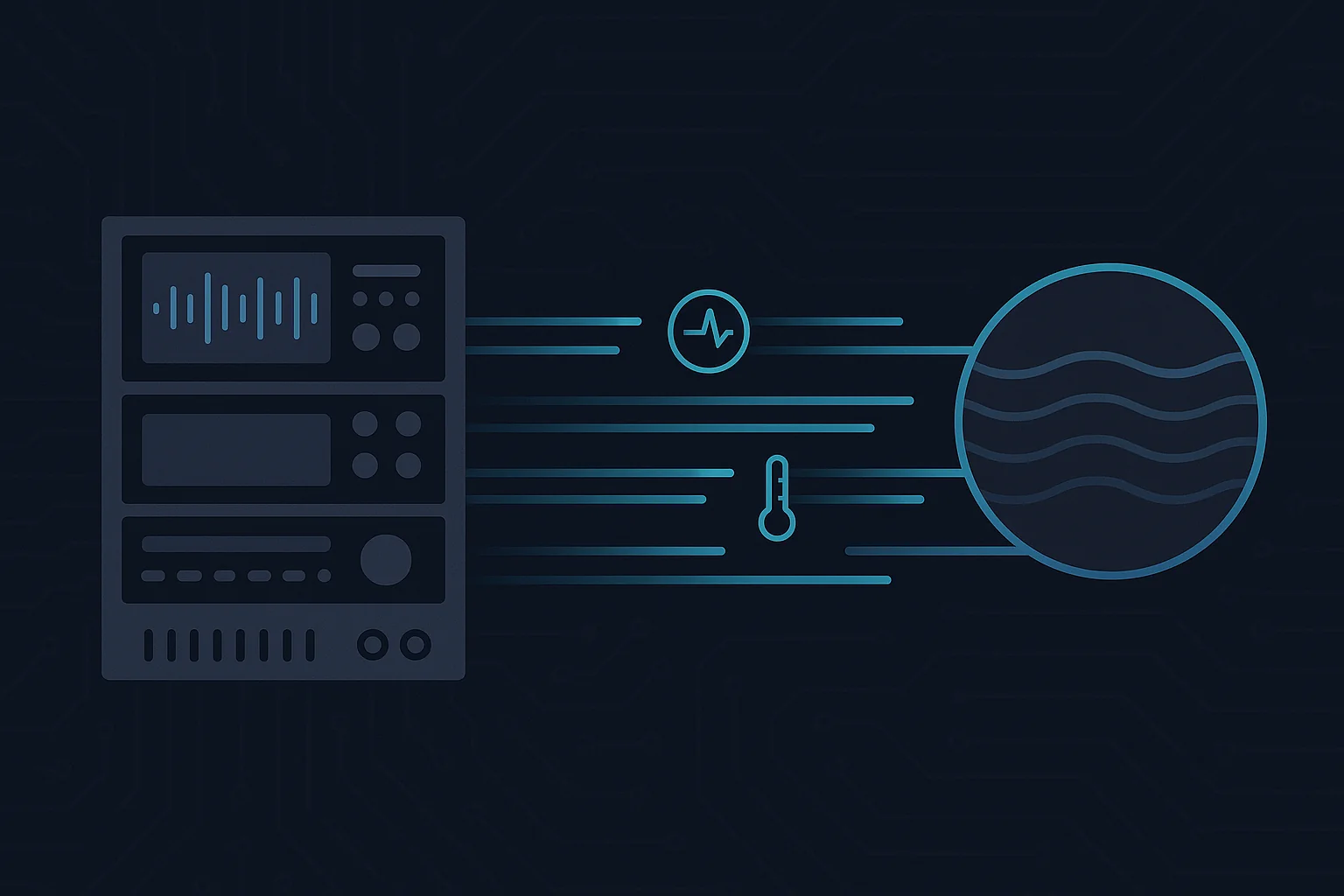 Technische Illustration: Ein Testbench-Rack auf der linken Seite sendet leuchtende Datenströme in blau und cyan nach rechts zu einem stilisierten Datenspeicher. Messikonen – Wellenform, Uhr, Thermometer – schweben entlang der Datenflüsse und symbolisieren die erfassten Messgrößen.