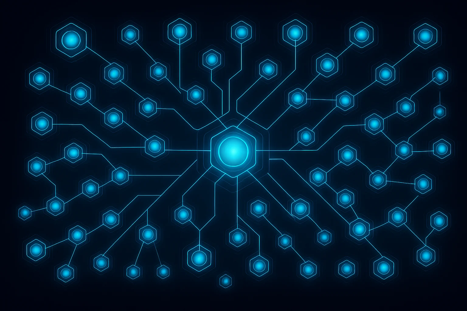 Futuristisches Netzwerk-Diagramm auf dunkelblauem Hintergrund: Fünf große leuchtende Knoten sind durch glühende cyan-blaue Linien verbunden. Drei zentrale Knoten bilden ein Dreieck, zwei äußere Knoten verbinden sich von oben-links und unten-rechts. Die Linien und Knotenpunkte emittieren ein Bloom-Leuchten und visualisieren so ein Graph Neural Network, das Fahrzeug-Topologiedaten analysiert.