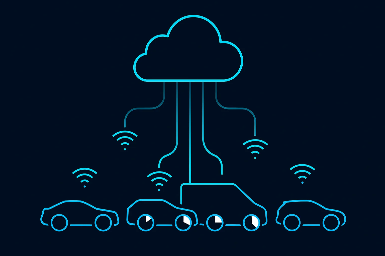 Minimalistische Illustration auf dunkelblauem Hintergrund: Eine stilisierte Cloud oben sendet schmale Lichtstrahlen nach unten auf fünf abstrakte Fahrzeugsilhouetten. Jedes Fahrzeug zeigt einen kreisförmigen Fortschrittsindikator in unterschiedlichem Füllstand und veranschaulicht so den gestaffelten OTA-Rollout über eine Flotte.