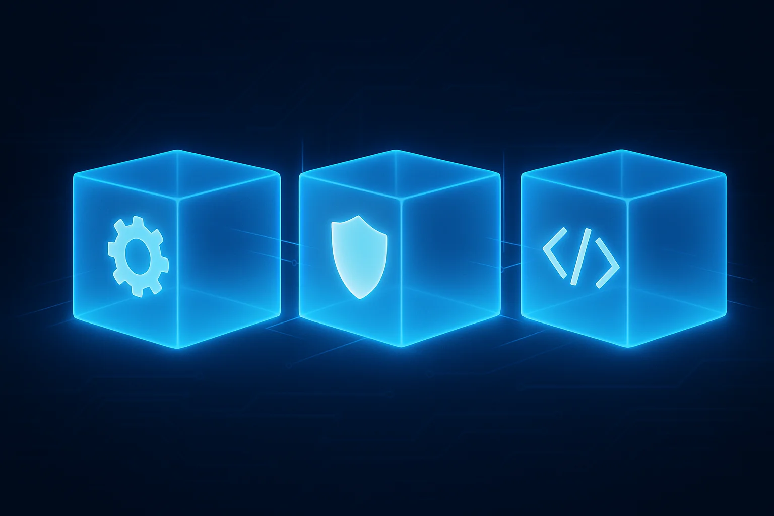 Technische Illustration auf dunkelblauem Hintergrund: Drei leuchtende, transluzente Würfel stehen nebeneinander und symbolisieren isolierte Software-Sandboxen. Jeder Würfel enthält ein anderes Symbol – Zahnrad, Schild, Code-Klammern. Dünne Verbindungslinien zwischen den Würfeln zeigen kontrollierte, streng begrenzte Kommunikationskanäle.